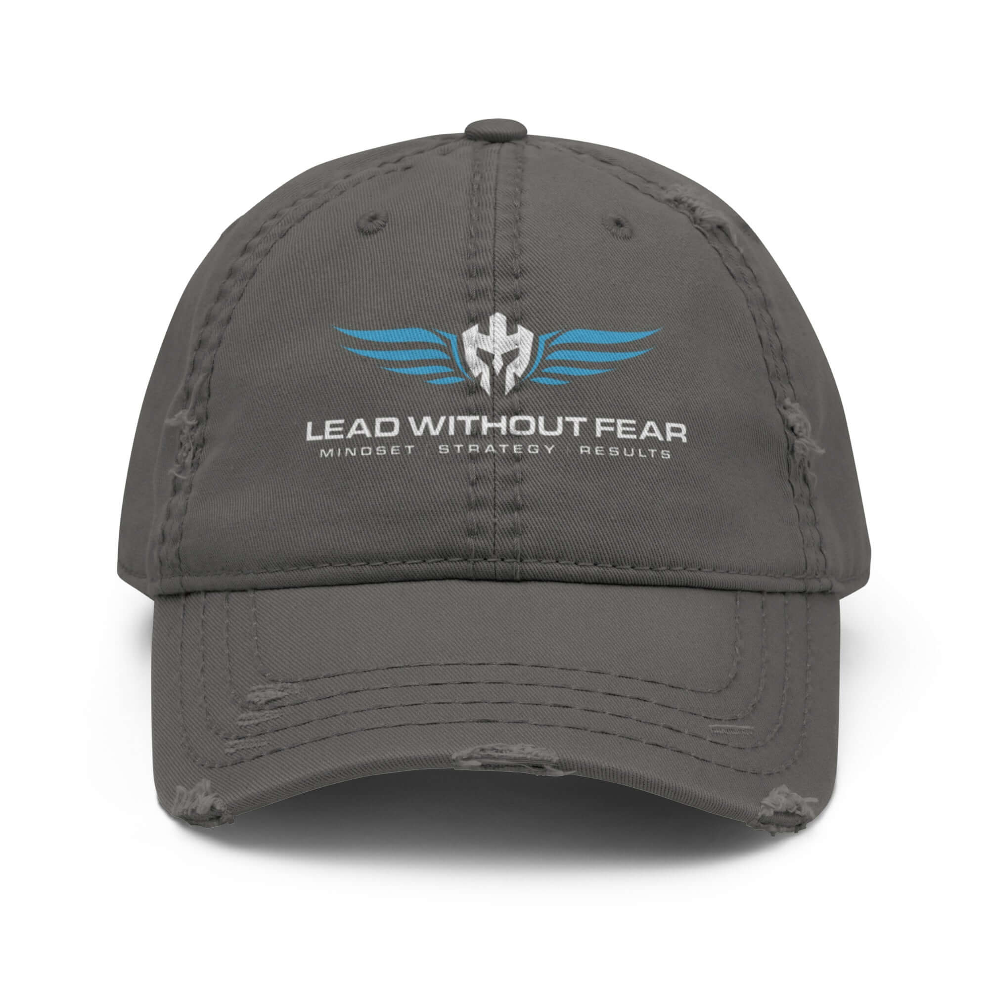 Lead Without Fear distressed baseball cap with printed helmet and wings logo. Comes in grey