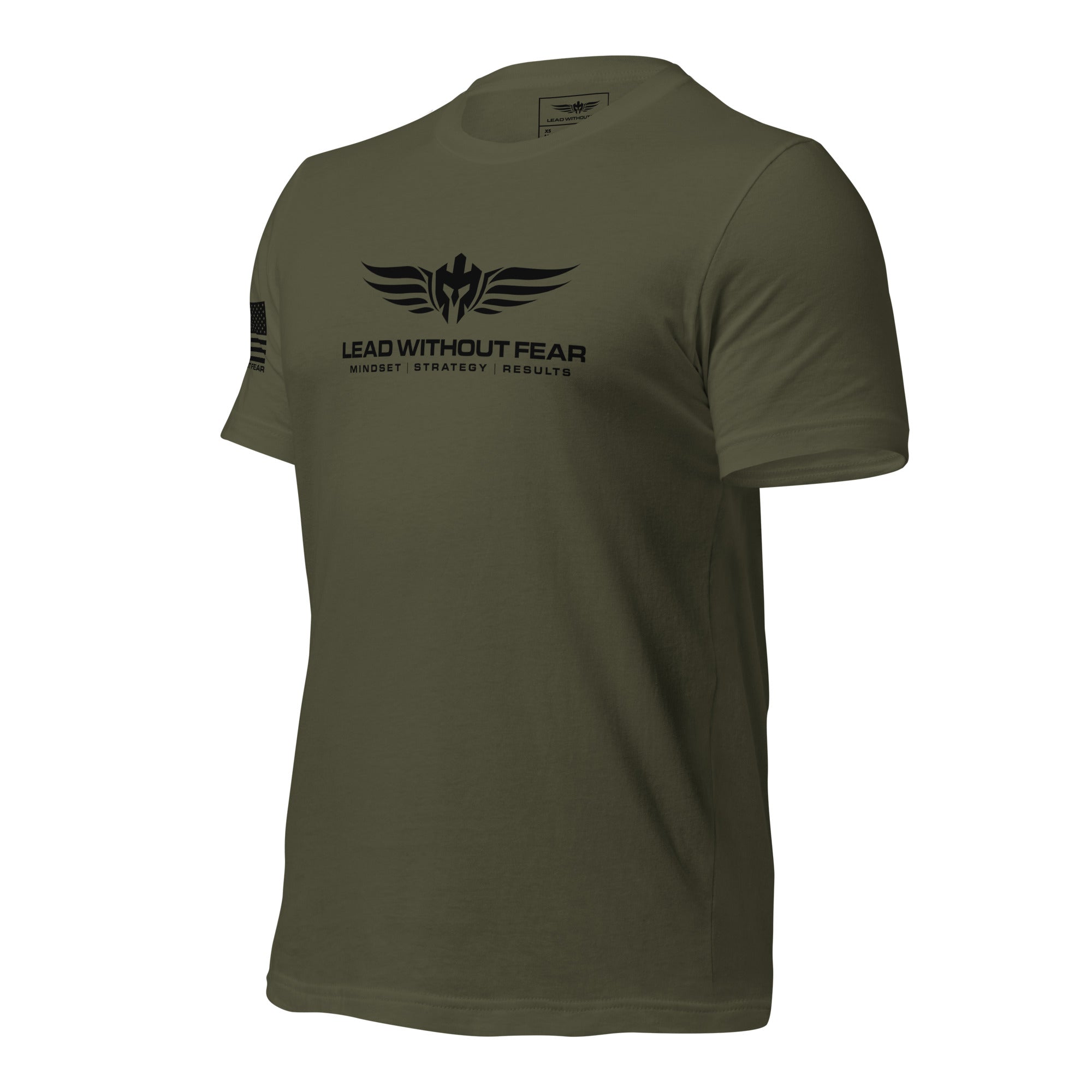 lead without fear military tee with sleeve flag, front left view
