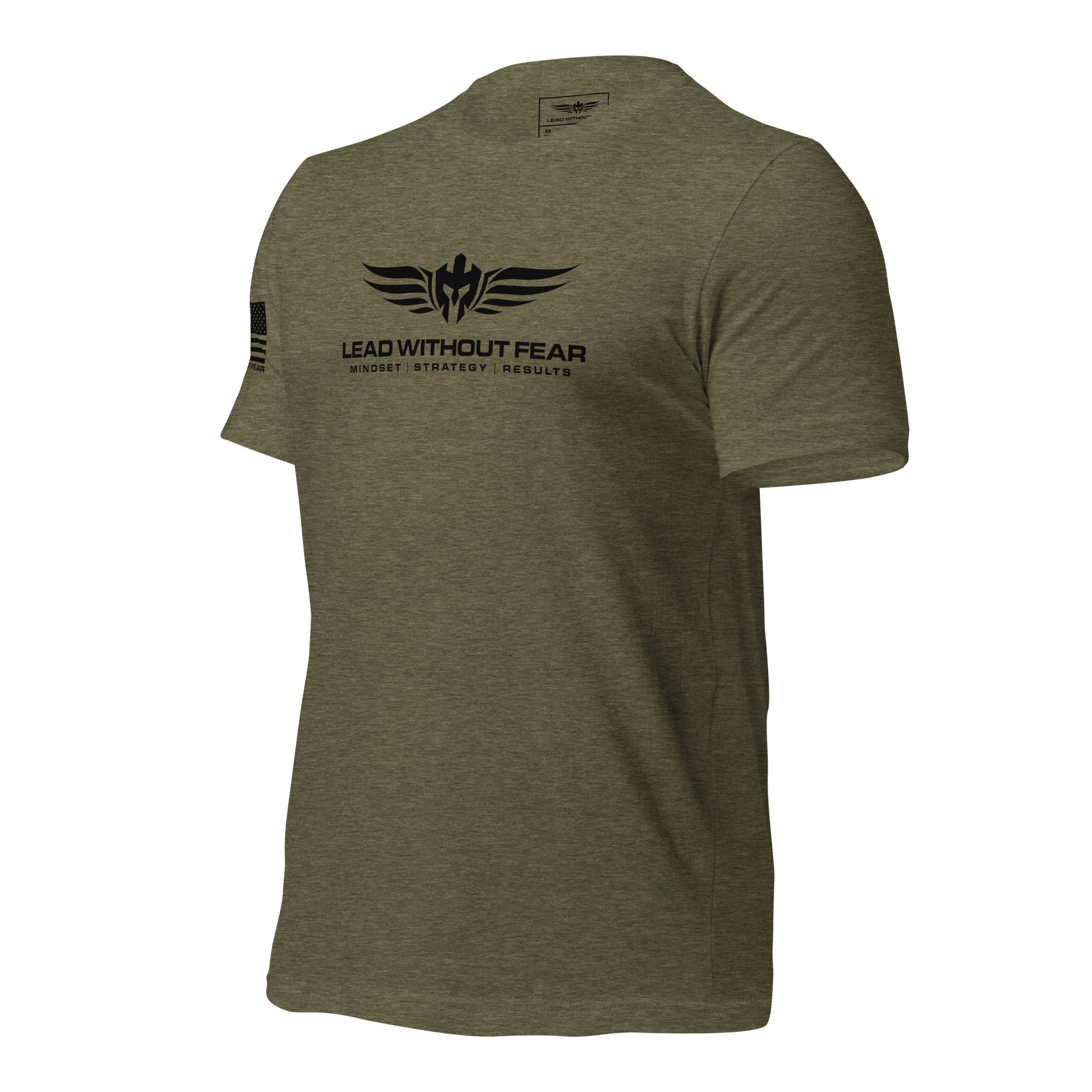 lead without fear military tee with sleeve flag, front left view