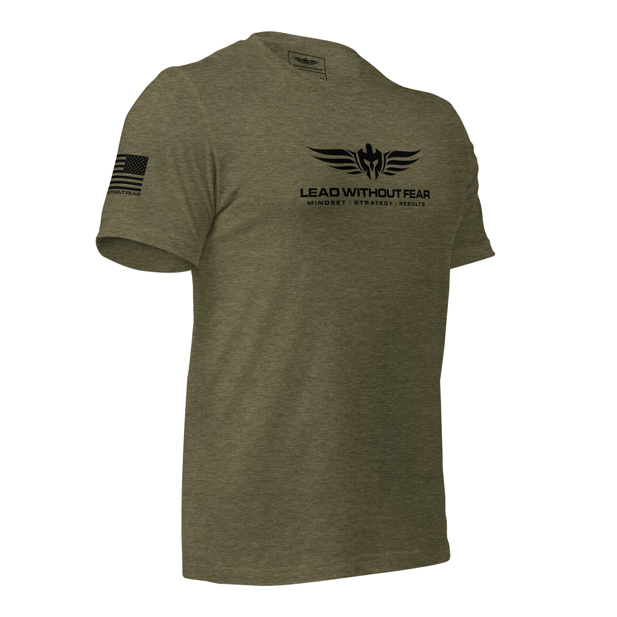 lead without fear military tee with sleeve flag, front right view (Olive)