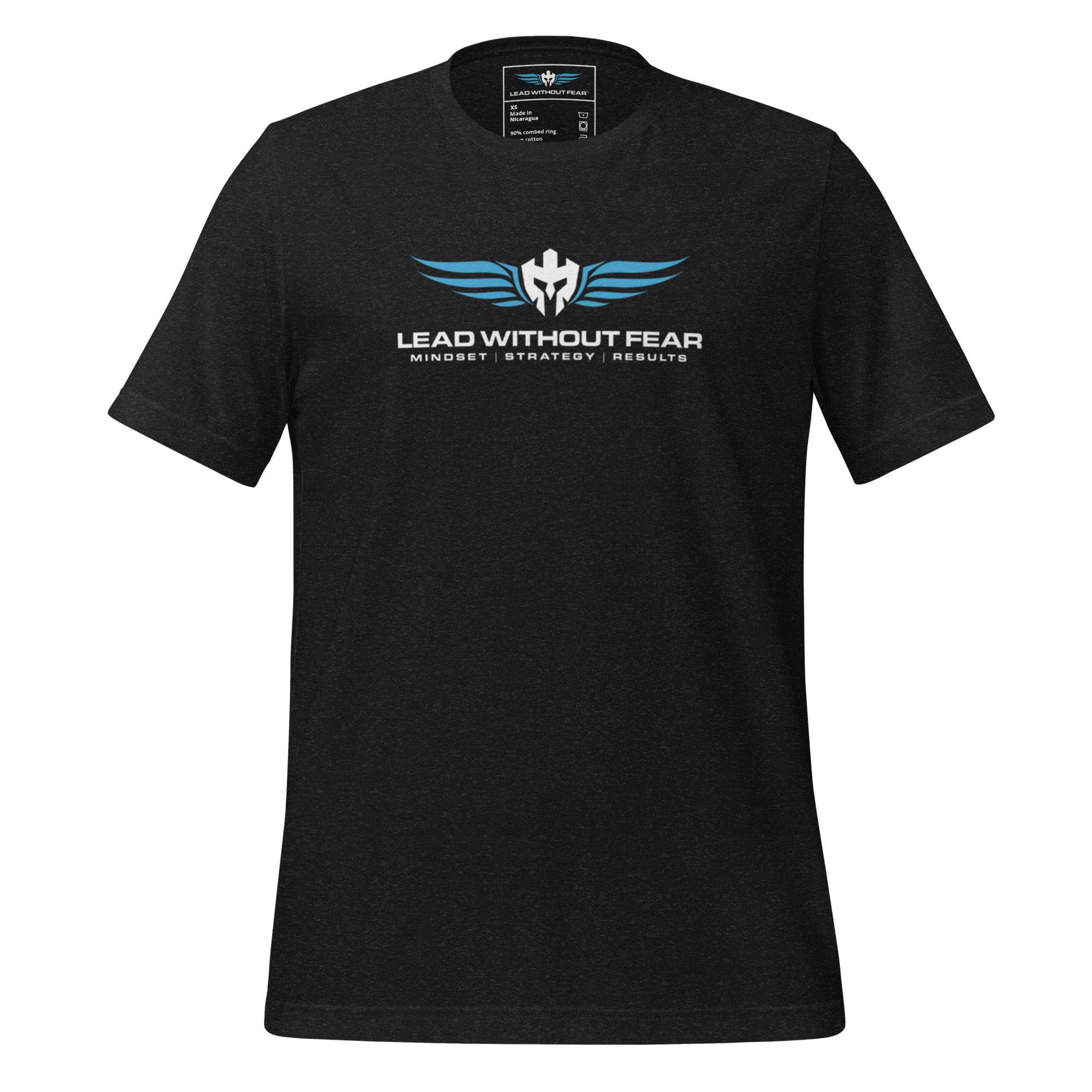 Lead Without Fear original premium tee, black heather Bella+Canvas 3001, white helmet and wings logo with Mindset Strategy Results tagline.