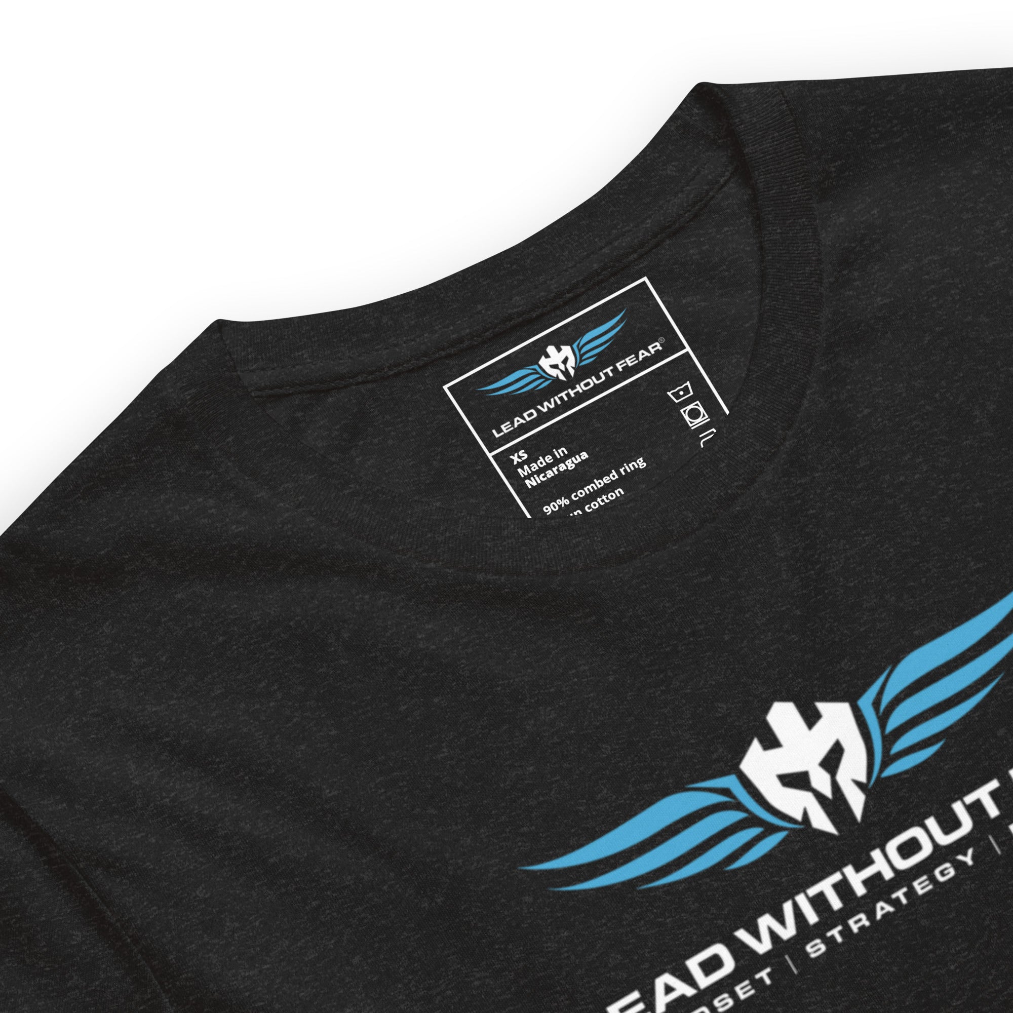 lead without fear og tee heather black, front flat view, 100% combed ring spun cotton fabric