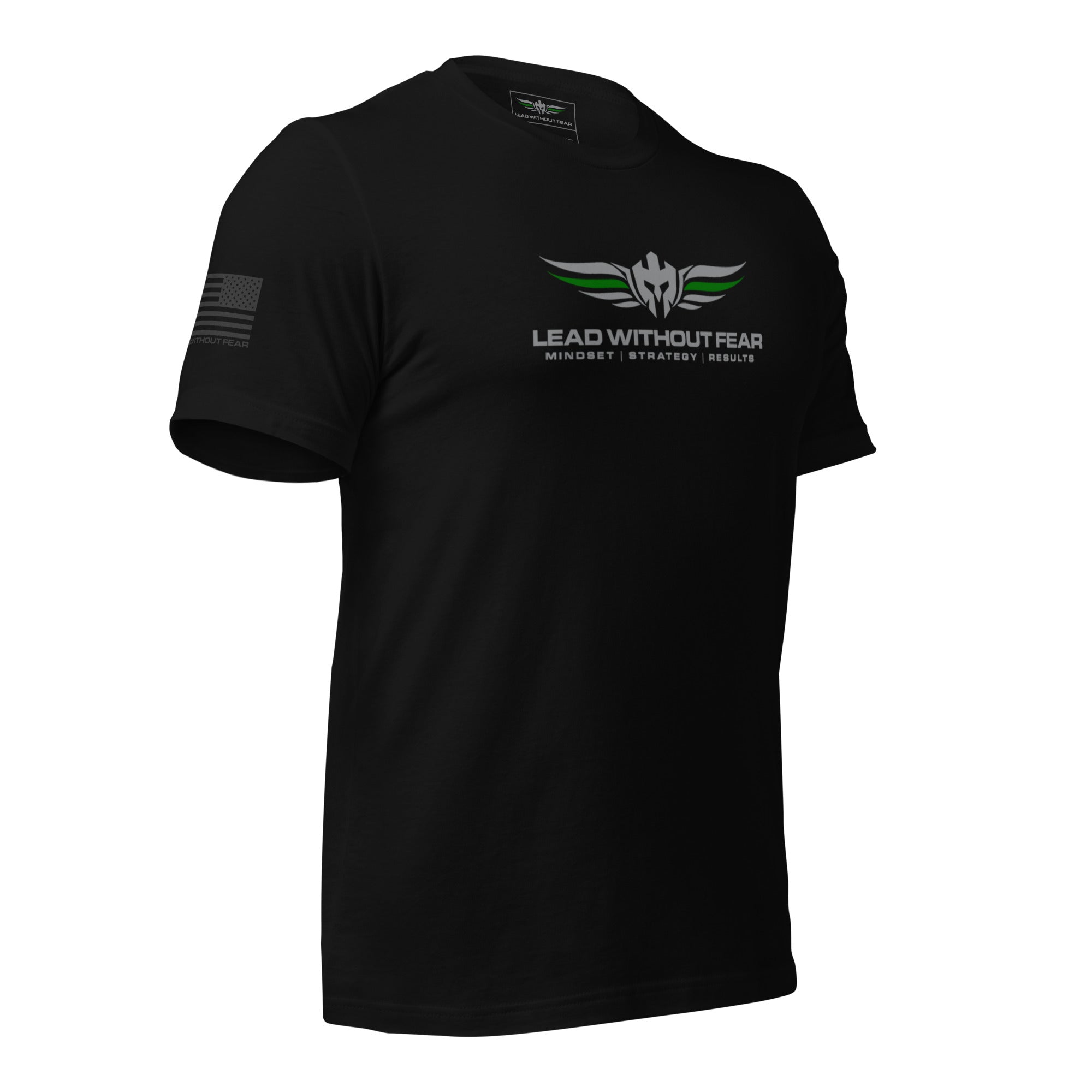lead without fear thin green line tee, front view, 100% combed ring-spun cotton