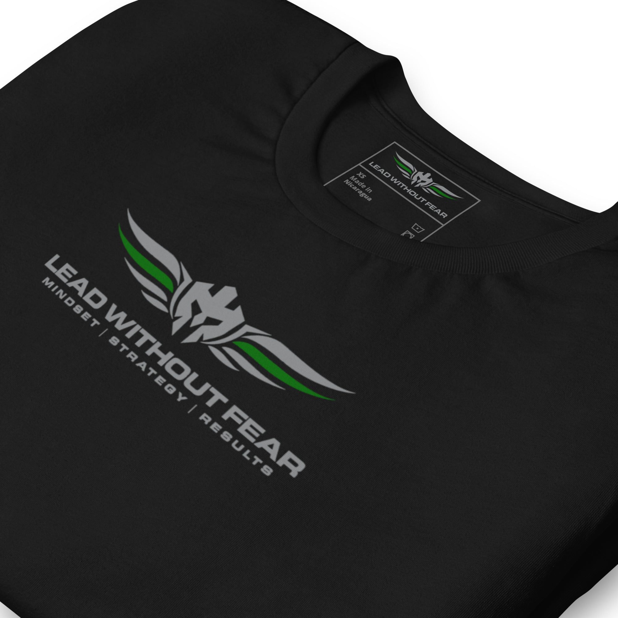 lead without fear thin green line tee, front flat view, 100% combed ring-spun cotton