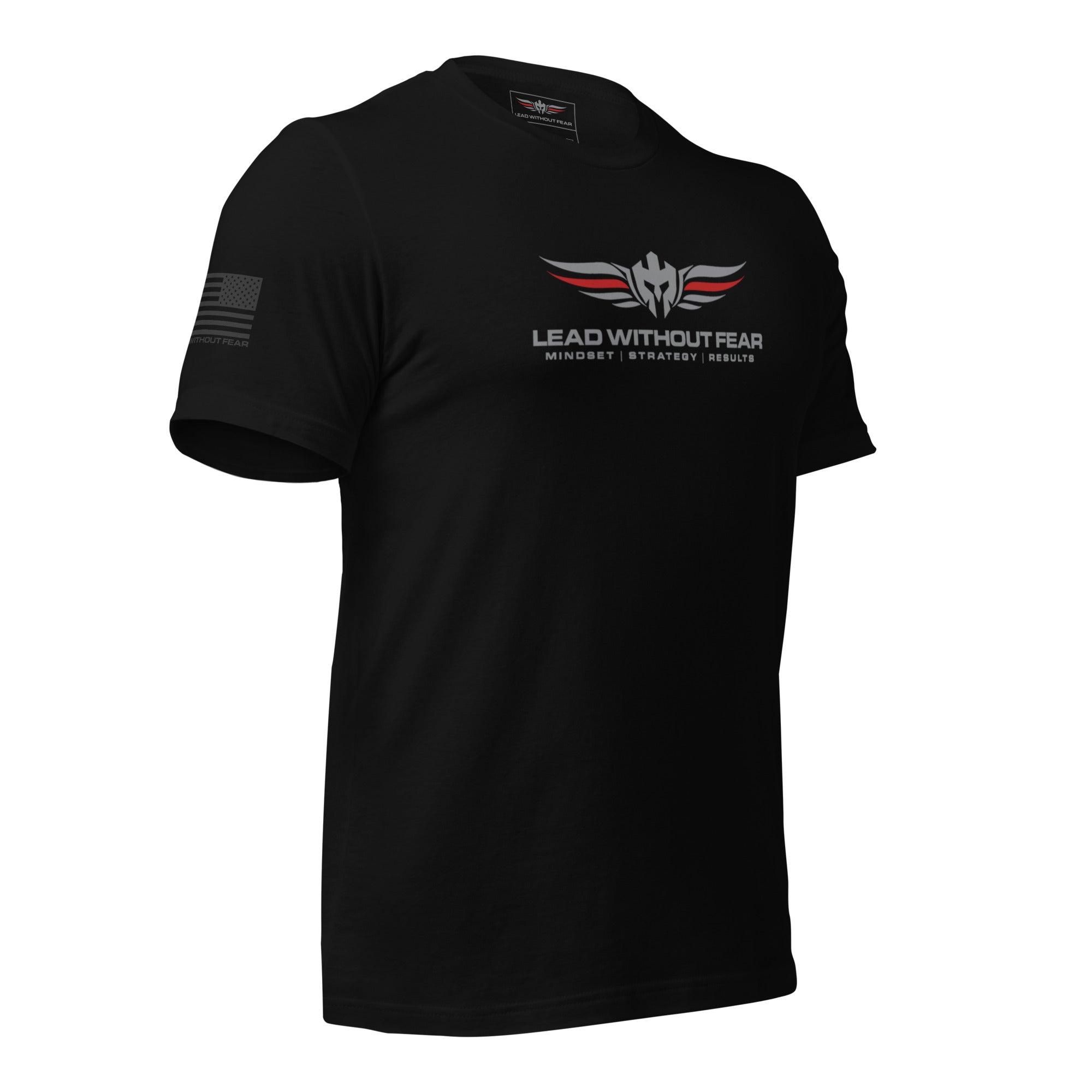 lead without fear thin red line tee, front right quarter view, 100% combed ring-spun cotton