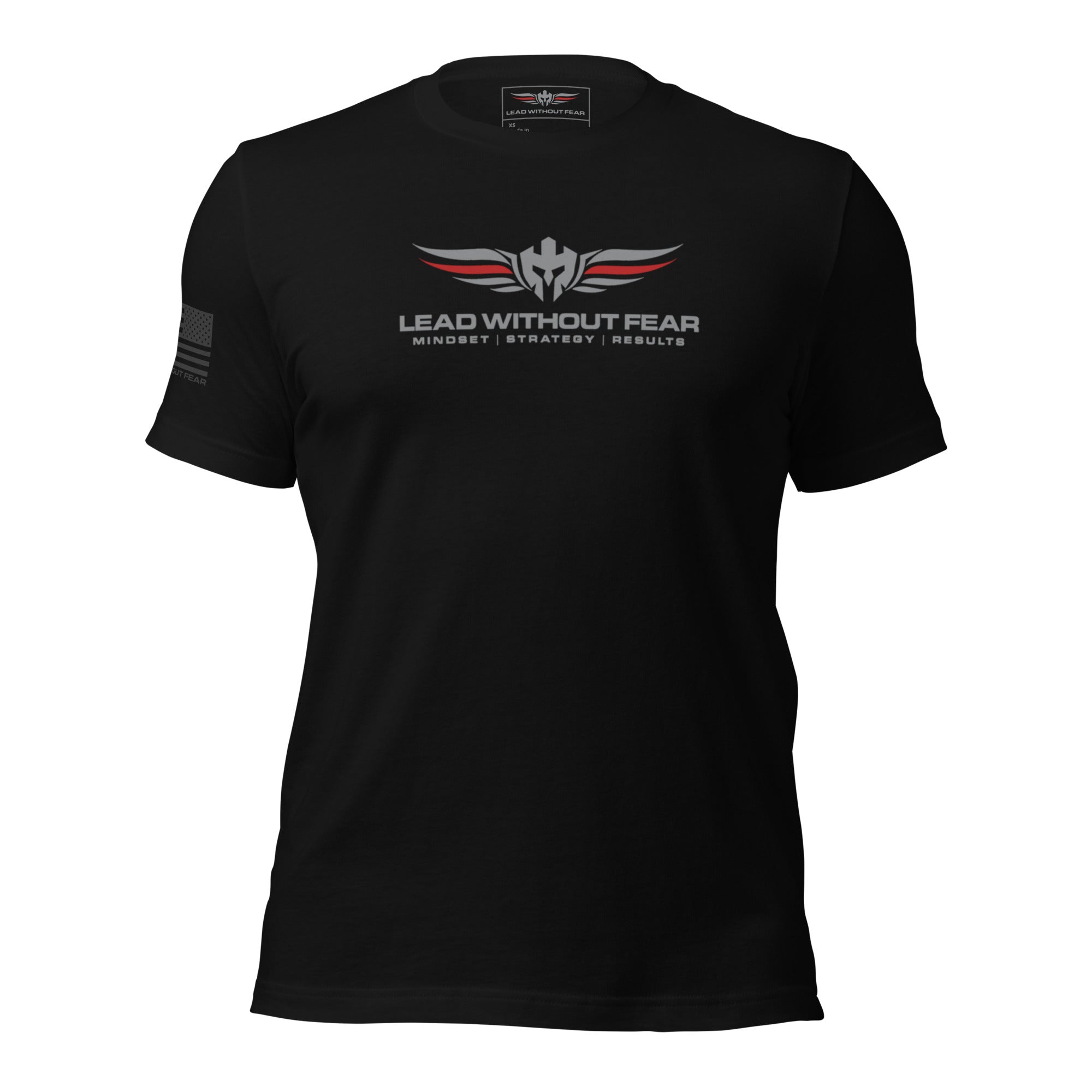 lead without fear thin red line tee, front view, 100% combed ring-spun cotton