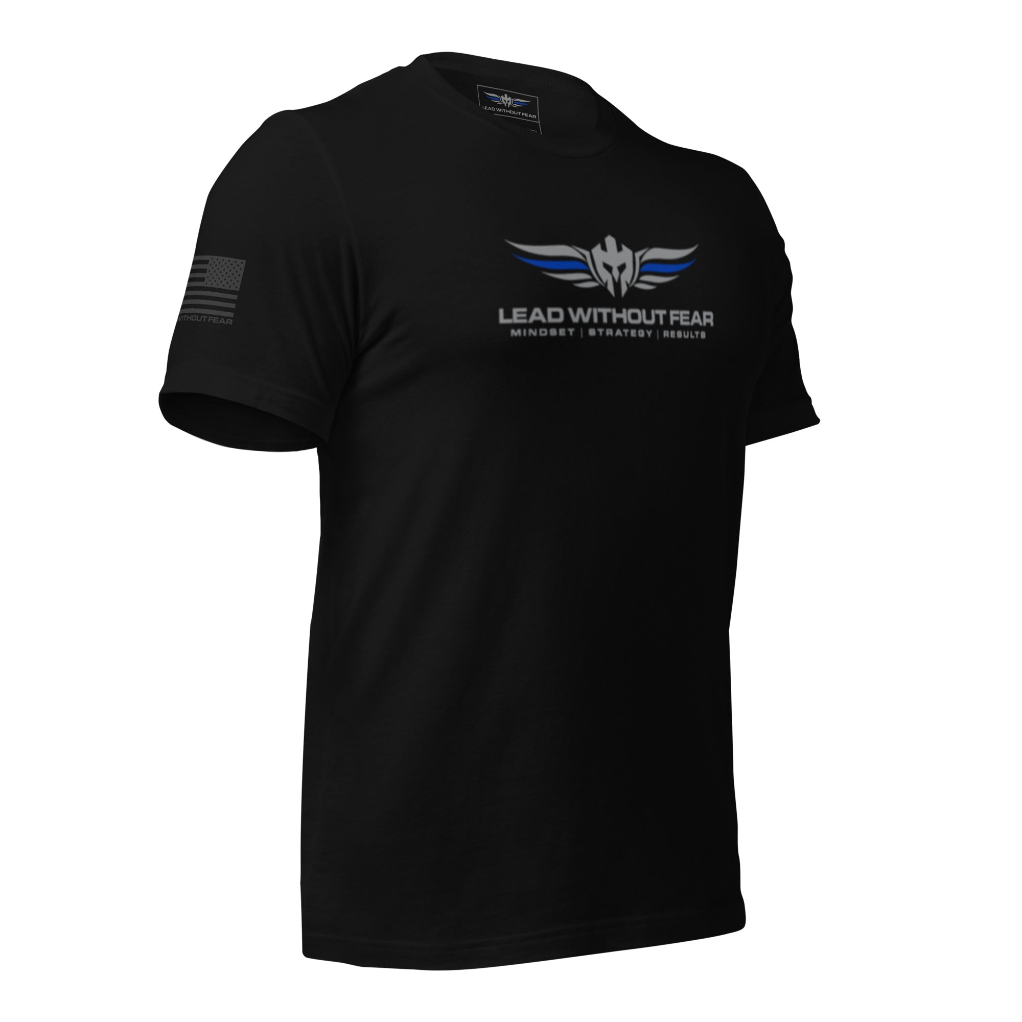 lead without fear thin blue line tee, front right quarter view, 100% combed ring-spun cotton