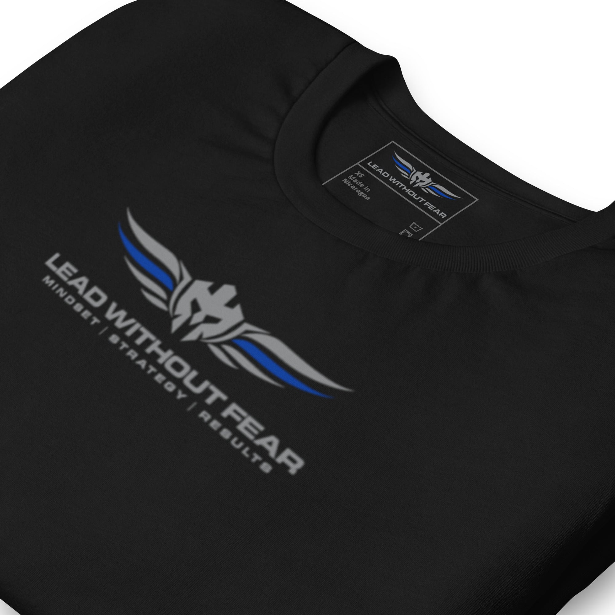 lead without fear thin blue line tee, front angle view, 100% combed ring-spun cotton