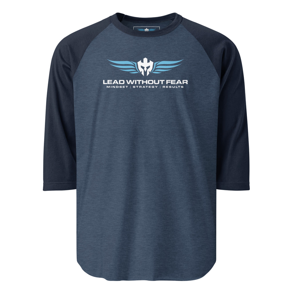 Lead Without Fear three-quarter sleeve baseball tee, blue and navy raglan style, helmet and wings chest logo.