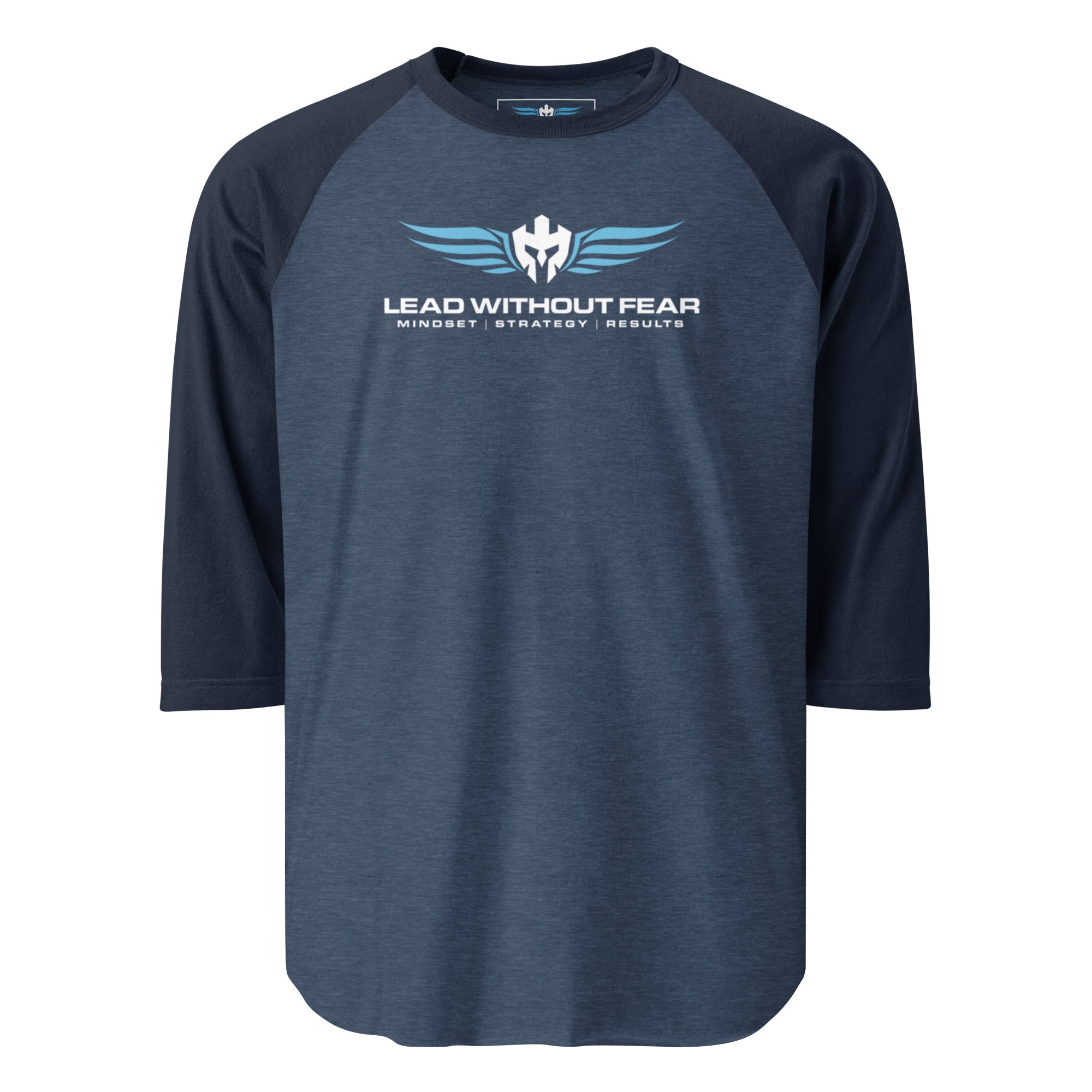 Lead Without Fear three-quarter sleeve baseball tee, blue and navy raglan style, helmet and wings chest logo.