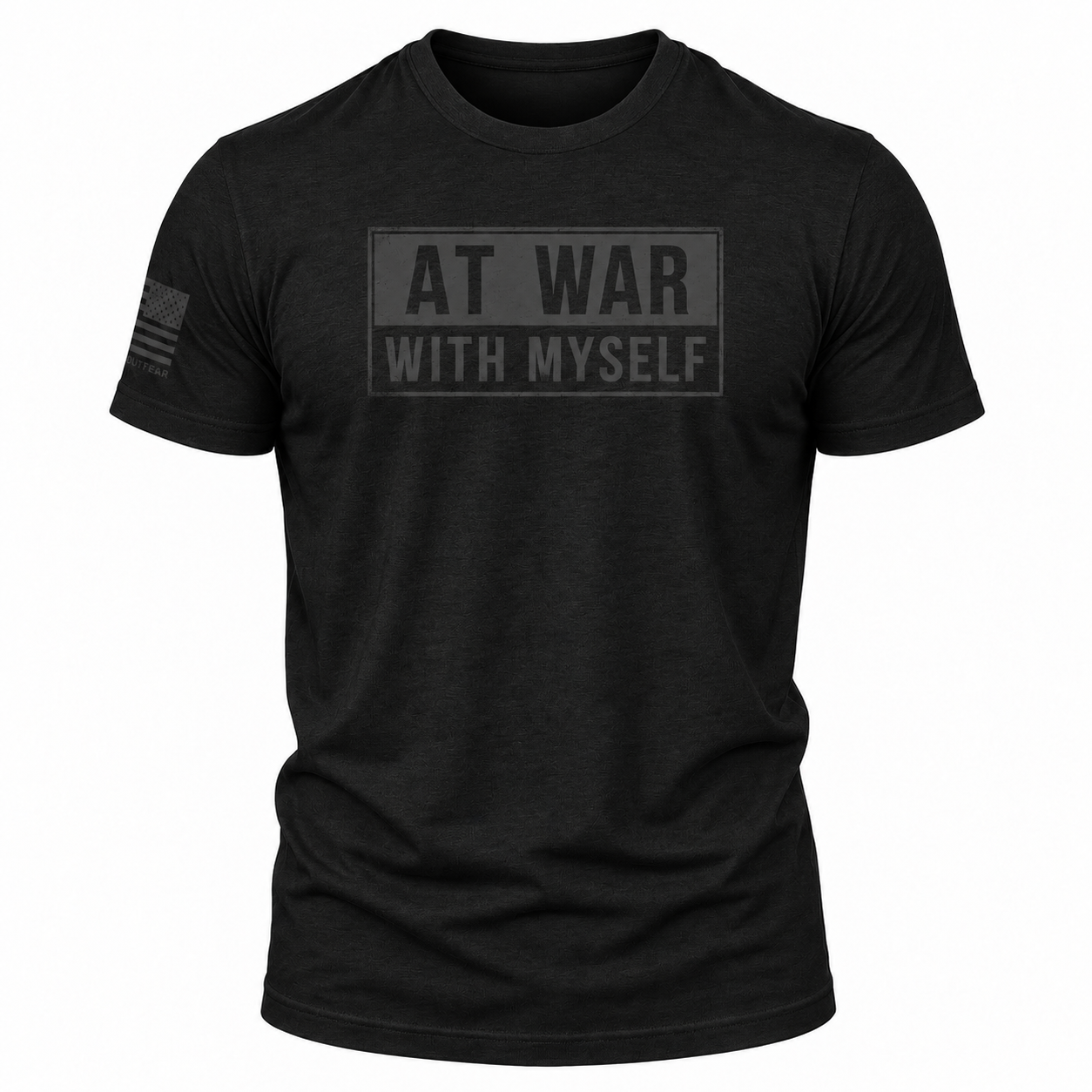 A black short-sleeve crewneck t-shirt with a tonal dark gray graphic on the chest reading 'AT WAR WITH MYSELF' inside a rectangular border, and a small tonal American flag graphic on the right sleeve, shown on a plain white background.