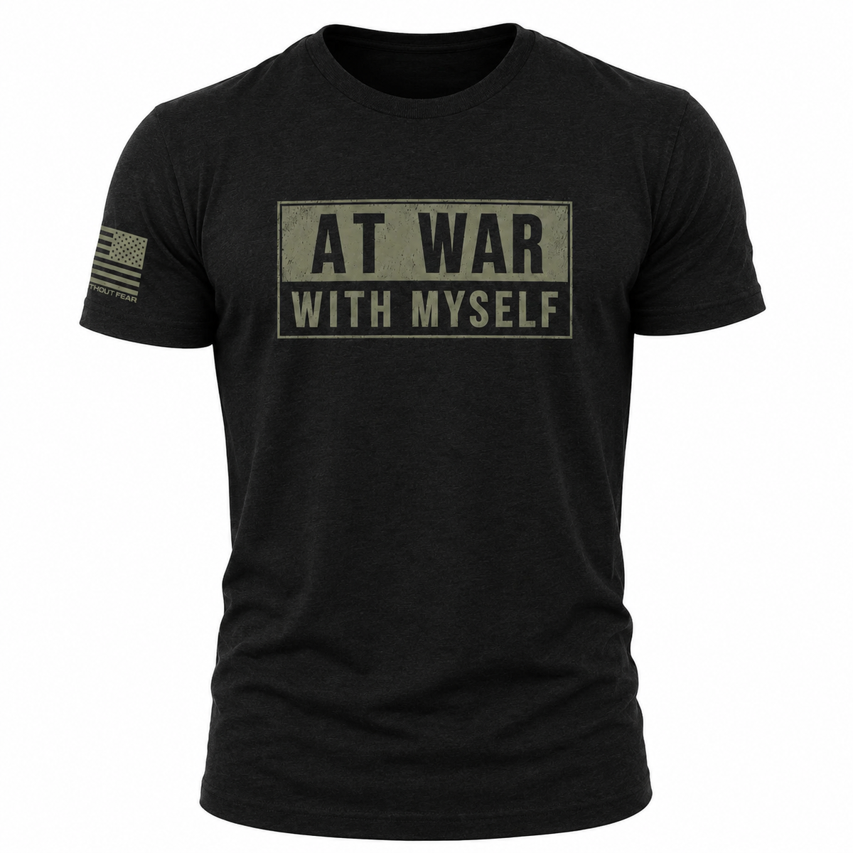 A black short-sleeve crewneck t-shirt featuring a distressed olive green graphic on the chest that reads 'AT WAR WITH MYSELF' in block letters. A matching olive green American flag graphic is printed on the right sleeve.