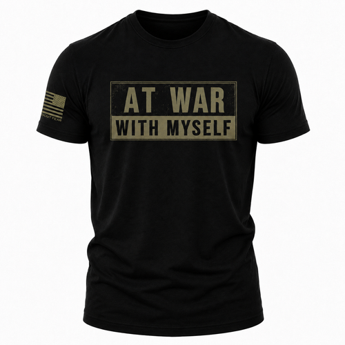 A black short-sleeve t-shirt with a distressed tan graphic on the chest reading 'AT WAR WITH MYSELF' and a small American flag print on the right sleeve, shown on a plain white background.