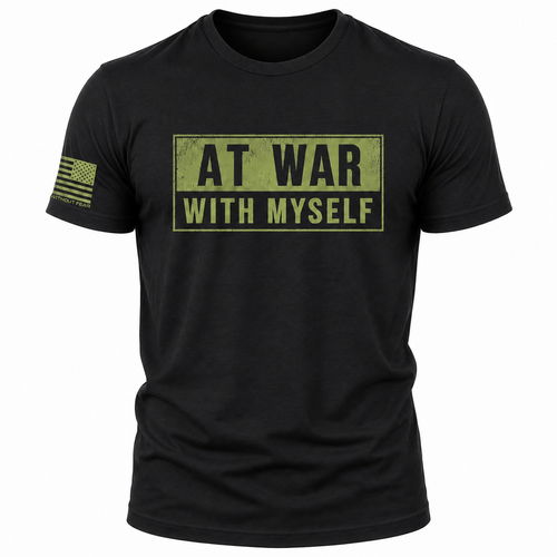 A black short-sleeve t-shirt with a distressed olive green graphic on the chest reading 'AT WAR WITH MYSELF' and a small olive green American flag graphic on the right sleeve, shown on a plain white background.