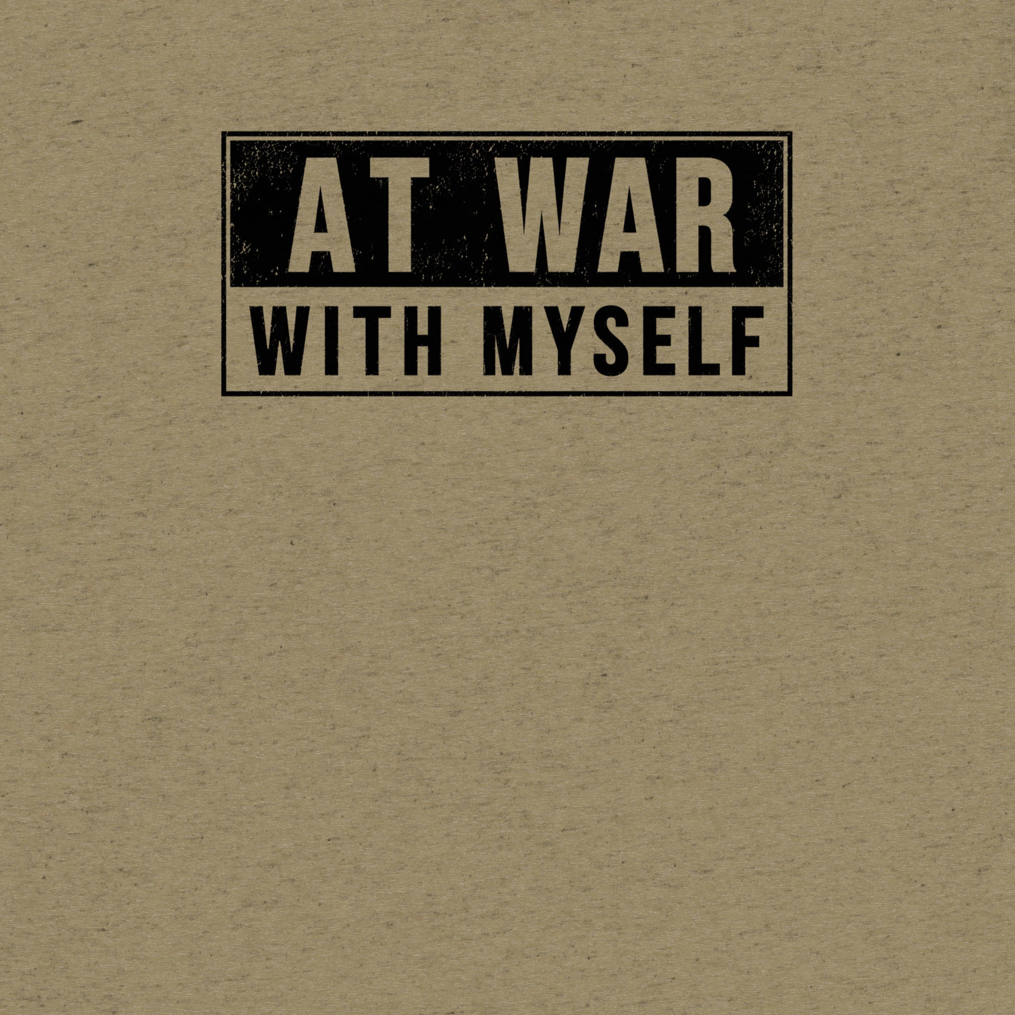 A short-sleeve crewneck t-shirt in heathered tan/khaki, featuring a distressed black graphic on the chest that reads 'AT WAR WITH MYSELF' in beige block letters. A black American flag graphic is printed on the right sleeve.