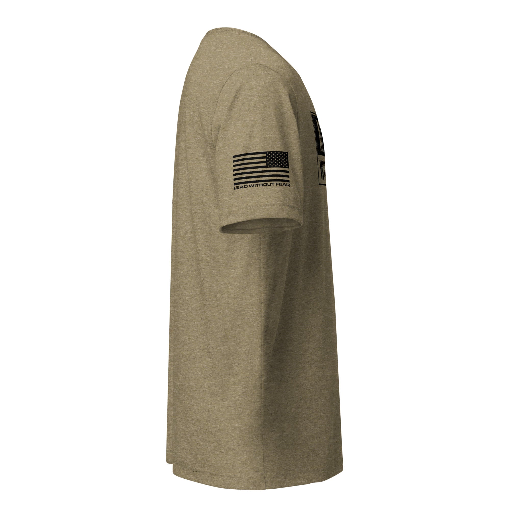 A short-sleeve crewneck t-shirt in heathered tan/khaki, featuring a black American flag graphic printed on the right sleeve.