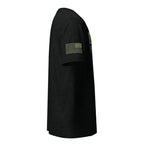 Black graphic t-shirt with a military green US Flag  print on the right sleeve. 