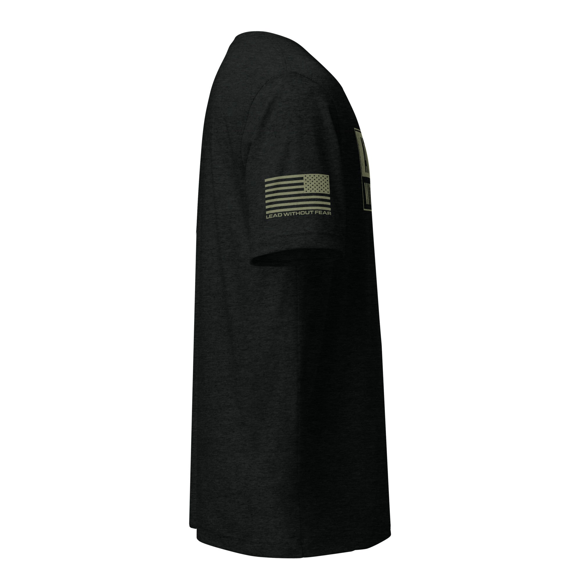 Black graphic t-shirt with a military green US Flag  print on the right sleeve. 