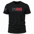 A black short-sleeve crewneck t-shirt with a distressed graphic on the chest reading 'COURAGE' in gray and red, featuring a Spartan helmet icon. A distressed gray American flag is printed on the right sleeve.