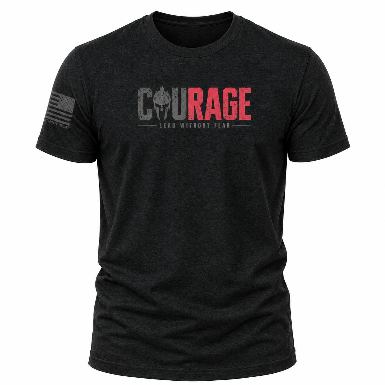 A black short-sleeve crewneck t-shirt with a distressed graphic on the chest reading 'COURAGE' in gray and red, featuring a Spartan helmet icon. A distressed gray American flag is printed on the right sleeve.