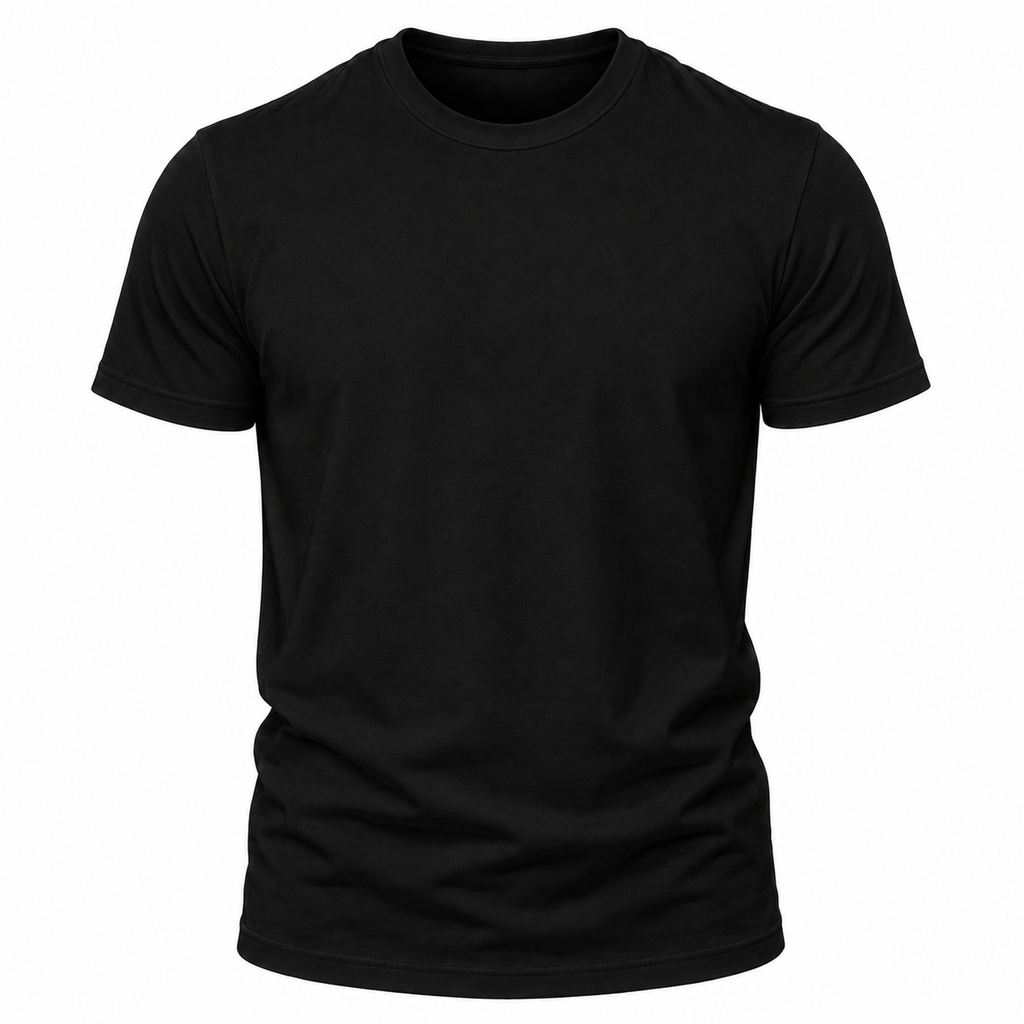 A classic black short-sleeve crewneck t-shirt displayed on a clean white background.