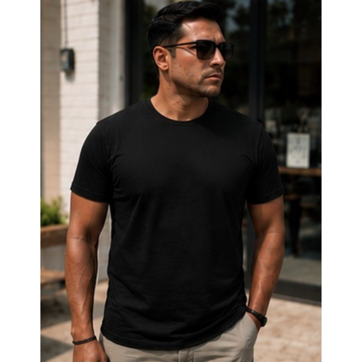 A man wearing a plain black short-sleeve crewneck t-shirt and beige pants, standing outdoors in front of a building with a glass storefront.