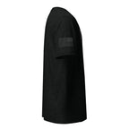 Black shirt with sleeve that has US Flag on it. Part of LEAD WITHOUT FEAR Apparel Courage T-Shirt