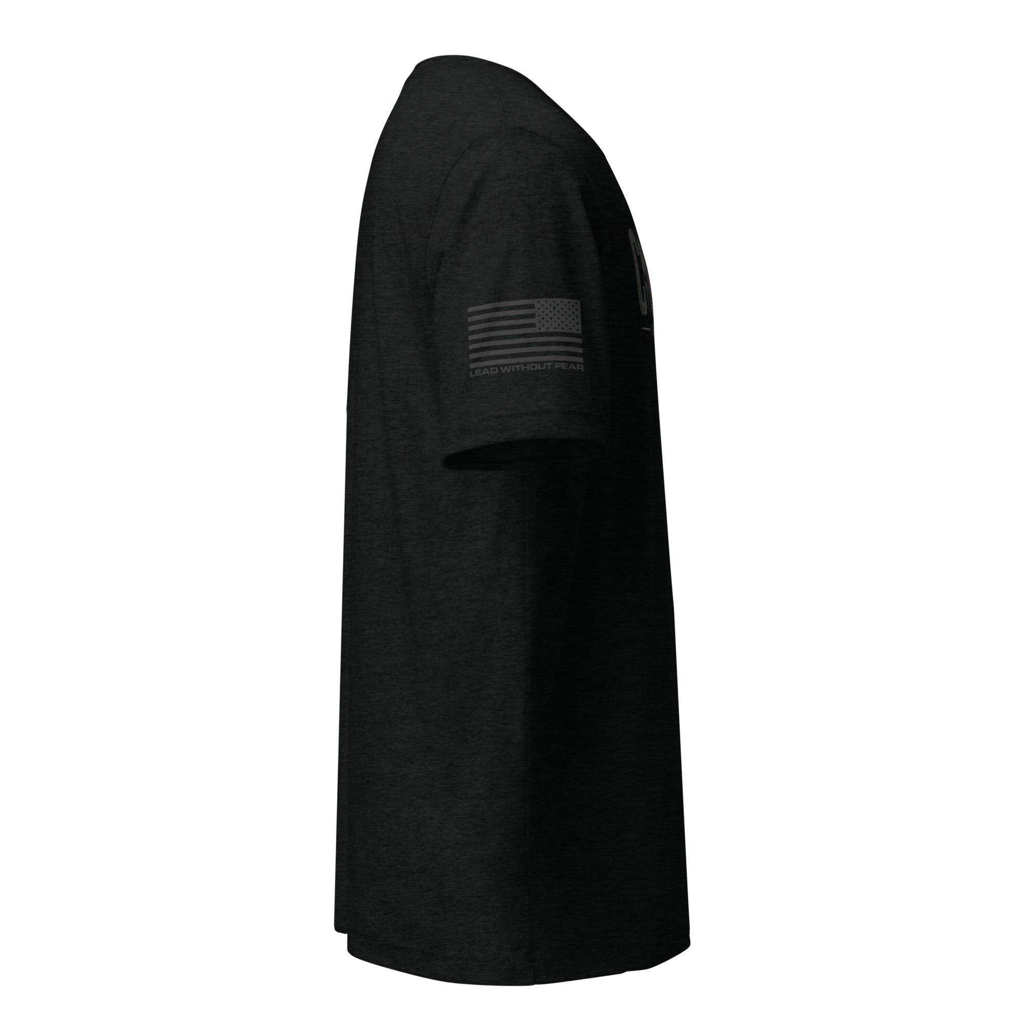 Black shirt with sleeve that has US Flag on it. Part of LEAD WITHOUT FEAR Apparel Courage T-Shirt