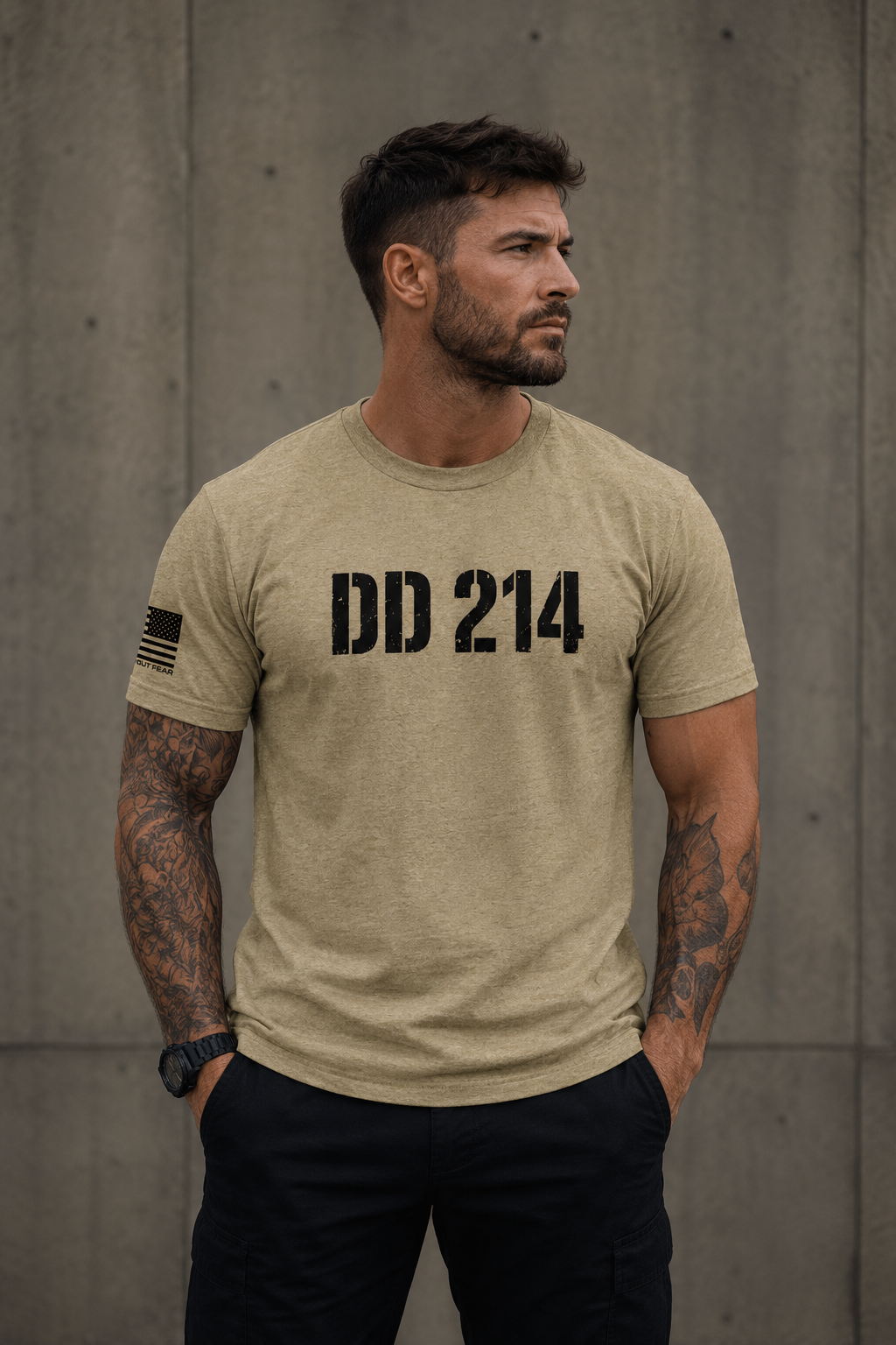 Lead Without Fear DD214 Separation Anxiety veteran t-shirt worn by a male model, front view.