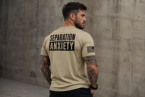 Lead Without Fear DD214 Separation Anxiety veteran t-shirt worn by a male model, back view.