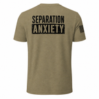 A heathered olive green short-sleeve t-shirt shown from the back, featuring the words 'SEPARATION ANXIETY' printed in a distressed black font across the upper back, and a black American flag graphic on the left sleeve.