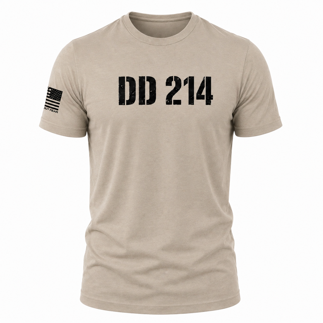 A short-sleeve crewneck t-shirt in a light tan/beige color, featuring the distressed black text 'DD 214' across the chest and a black American flag graphic on the right sleeve, shown on a plain white background.