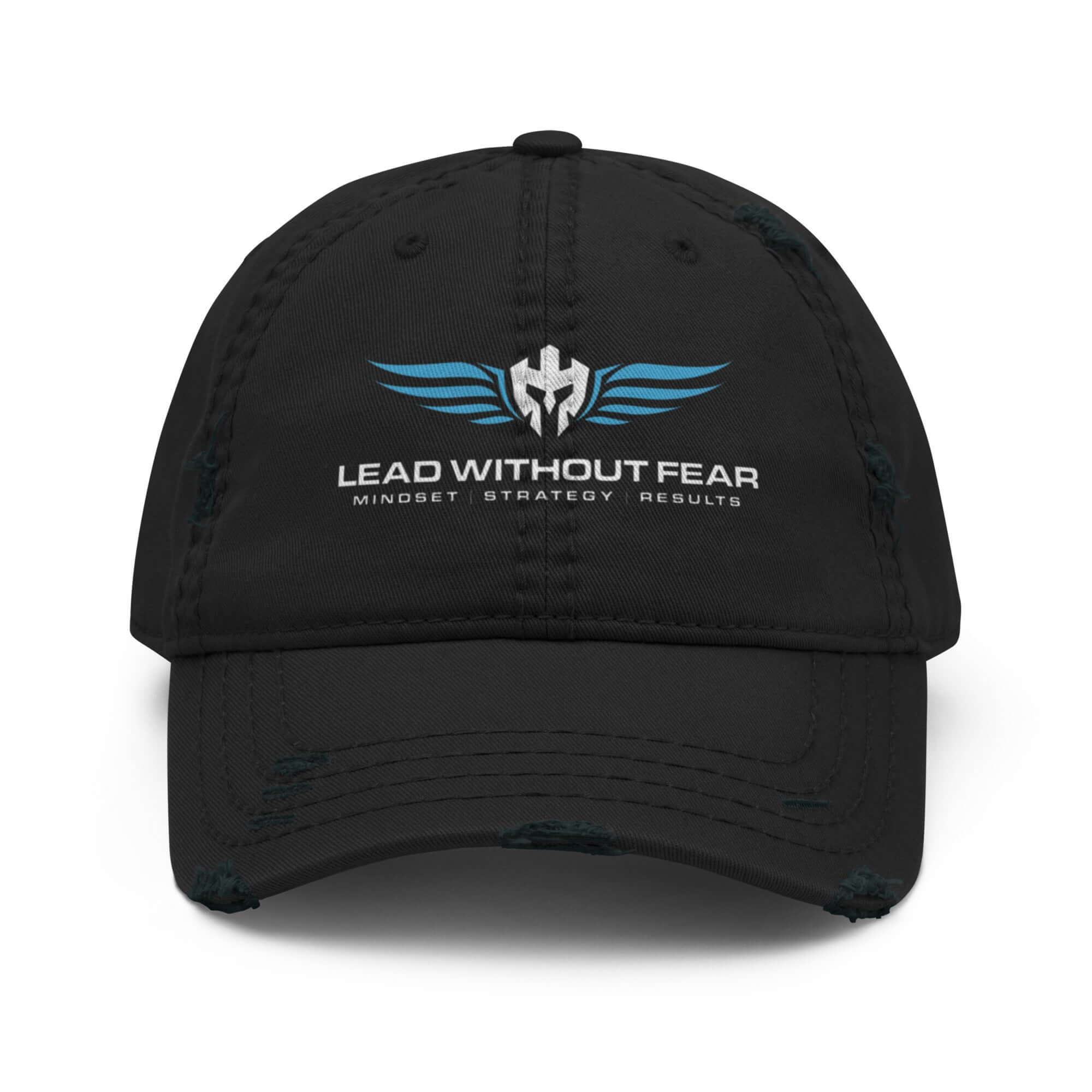 Lead Without Fear distressed baseball cap with printed helmet and wings logo. Comes in black, blue and grey 