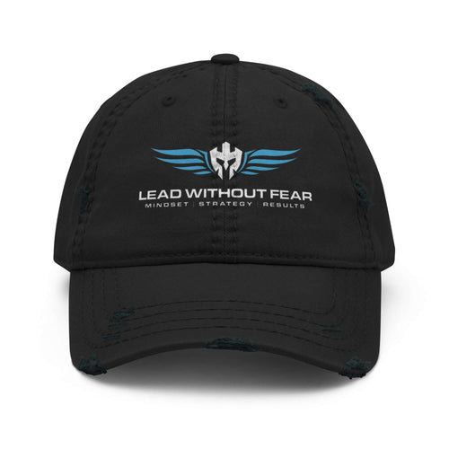 Lead Without Fear distressed baseball cap with printed helmet and wings logo. Comes in black