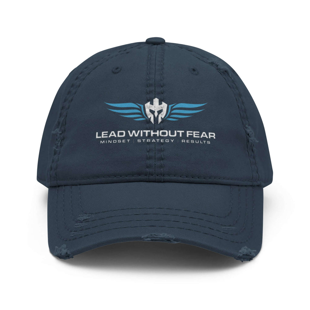 Lead Without Fear distressed baseball cap with printed helmet and wings logo. Comes in blue
