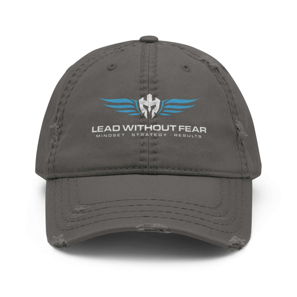 Lead Without Fear distressed baseball cap with printed helmet and wings logo. Comes in grey