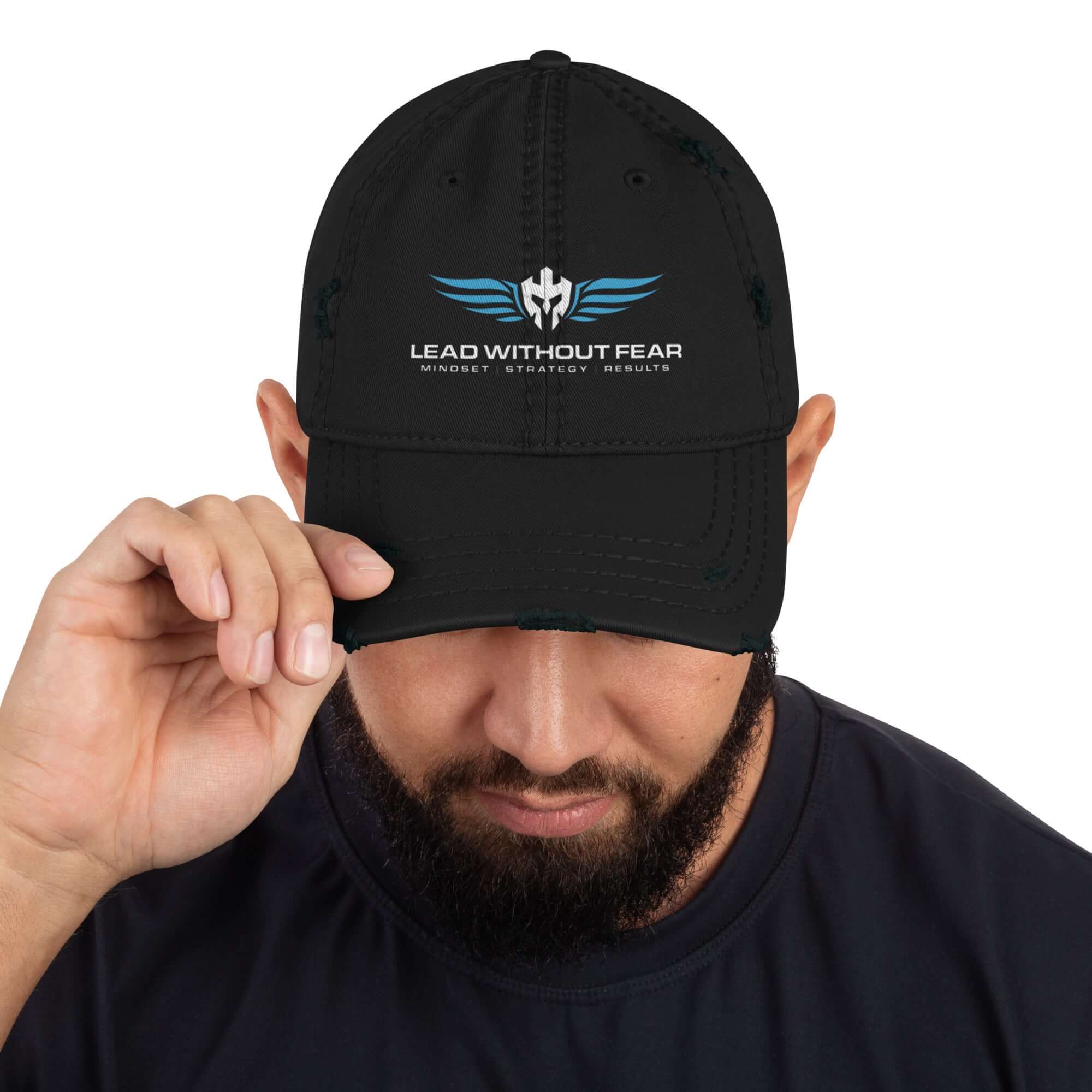 Lead Without Fear distressed baseball cap with printed helmet and wings logo. Comes in black