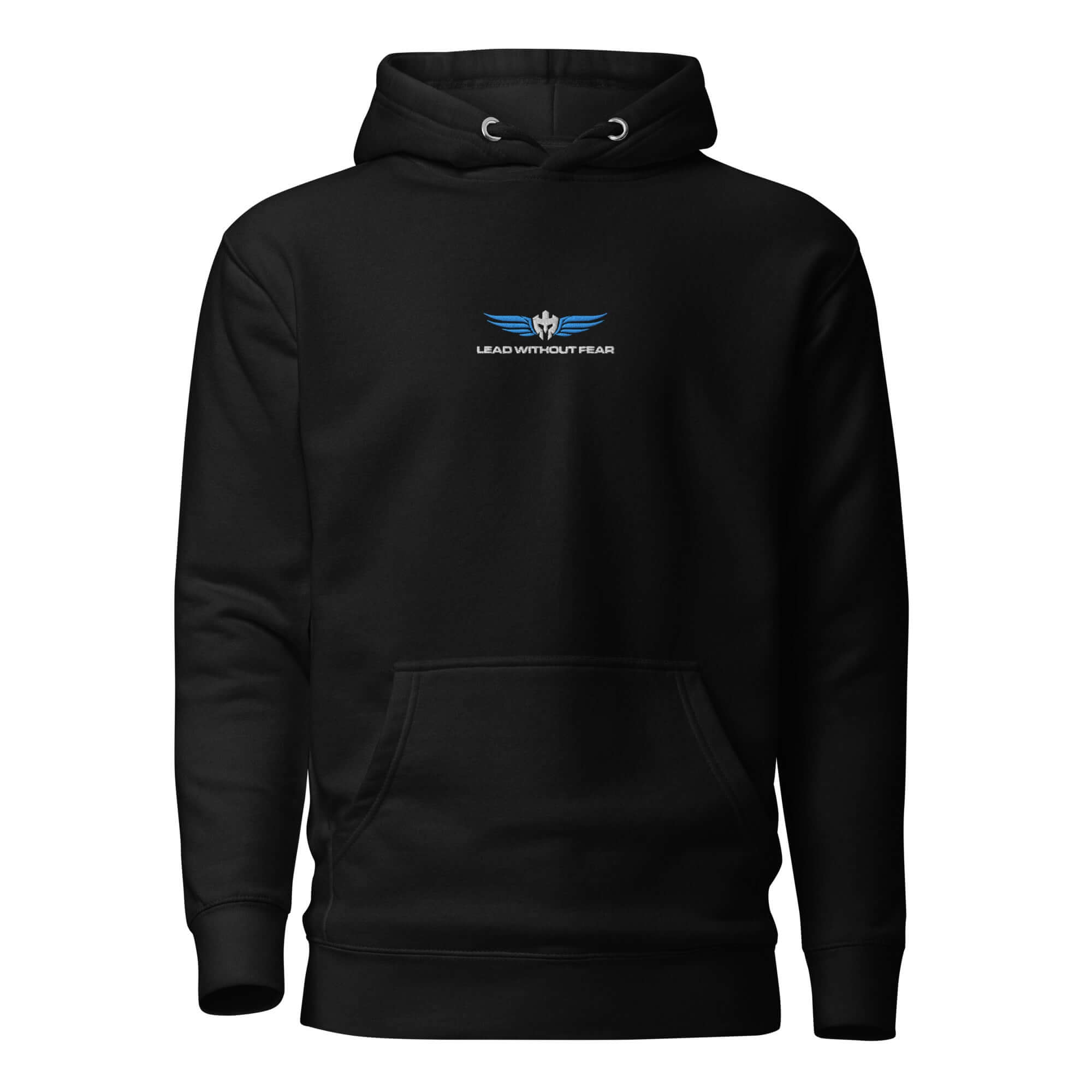 Lead Without Fear embroidered hoodie, black hoodie with helmet and wings chest logo stitched in white and blue.
