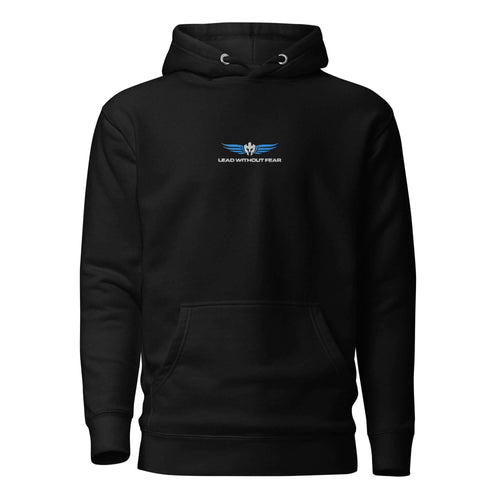 Lead Without Fear embroidered hoodie, black hoodie with helmet and wings chest logo stitched in white and blue.