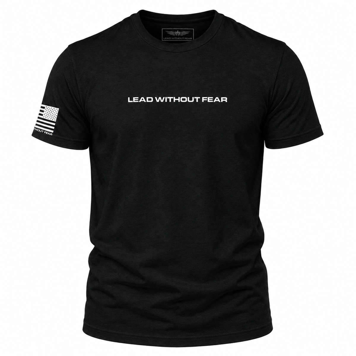 A black short-sleeve crewneck t-shirt with 'LEAD WITHOUT FEAR' printed in white across the chest and a white American flag graphic on the right sleeve, shown on a plain white background.