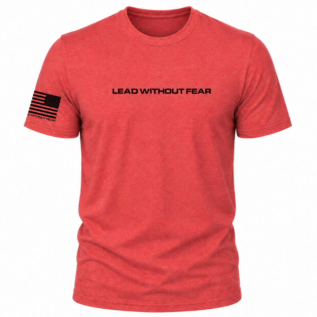 A heather red short-sleeve t-shirt with 'LEAD WITHOUT FEAR' printed in black across the chest and a black American flag graphic on the right sleeve with 'WORLDARMY' printed below it.