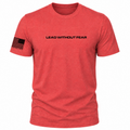 A heather red short-sleeve t-shirt with 'LEAD WITHOUT FEAR' printed in black across the chest and a black American flag graphic on the right sleeve with 'WORLDARMY' printed below it.