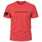 A heather red short-sleeve t-shirt with 'LEAD WITHOUT FEAR' printed in black across the chest and a black American flag graphic on the right sleeve with 'WORLDARMY' printed below it.