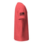 Product mockup of Everyday tee red with sleeve showing US Flag in black
