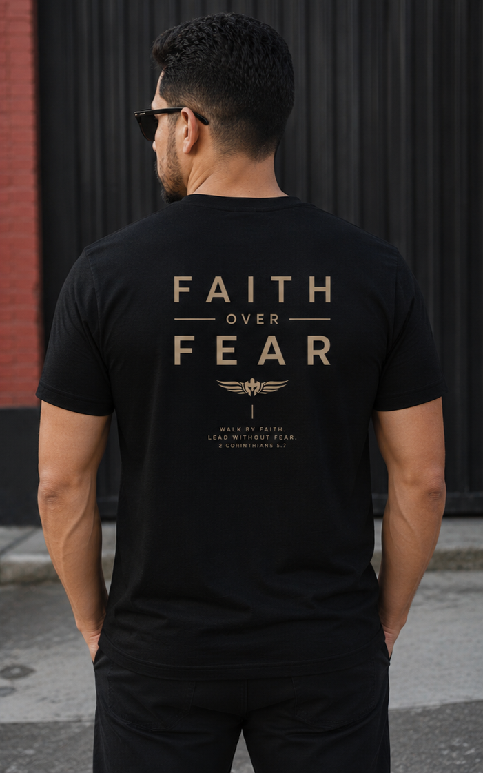 Man wearing Lead Without Fear Faith Over Fear shirt with Back logo in view. 