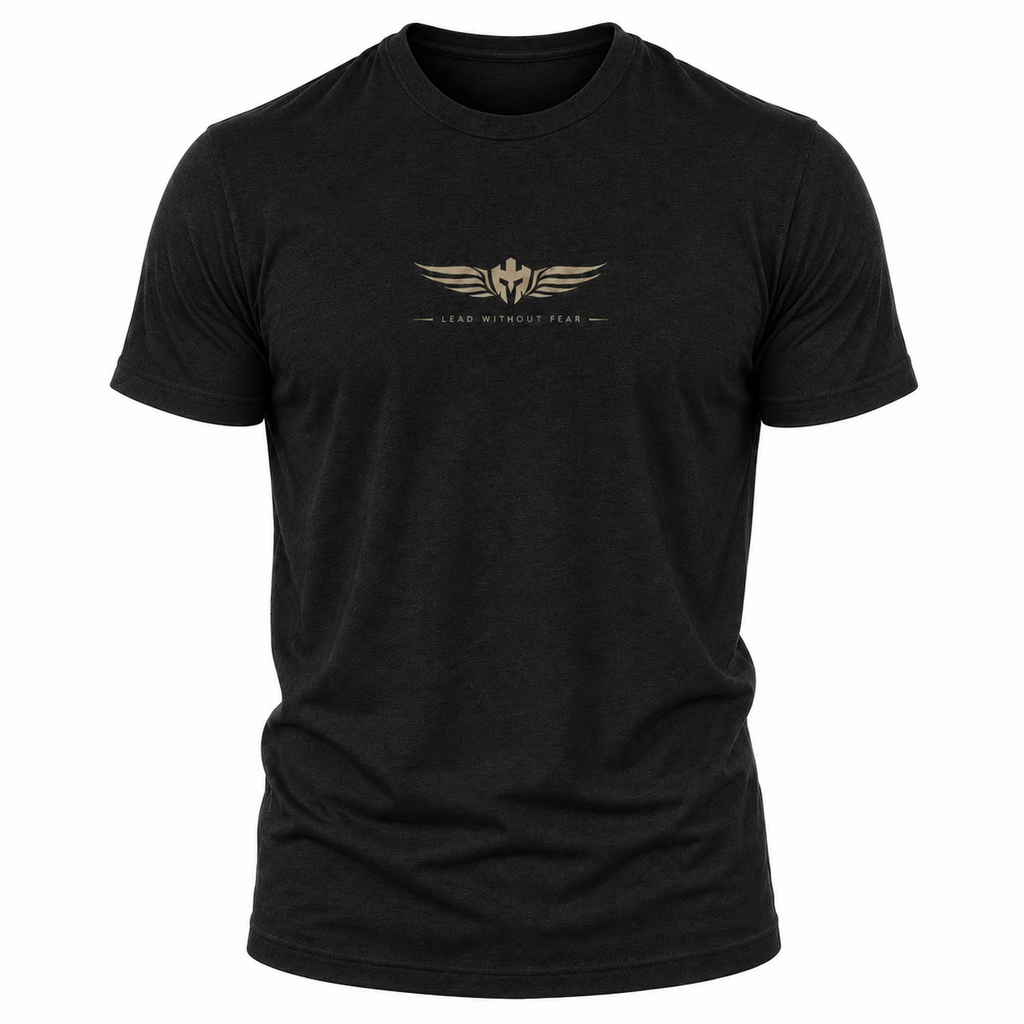 A black short-sleeve crewneck t-shirt with a small gold winged emblem and the text 'LEAD WITHOUT FEAR' printed on the center chest, displayed against a solid white background.
