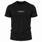 A black short-sleeve crewneck t-shirt with a small gold winged emblem and the text 'LEAD WITHOUT FEAR' printed on the center chest, displayed against a solid white background.