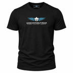 A black short-sleeve crewneck t-shirt featuring a blue and white winged Spartan helmet logo with the text 'LEAD WITHOUT FEAR' and 'MINDSET STRATEGY RESCUE' printed on the chest, shown against a plain white background.