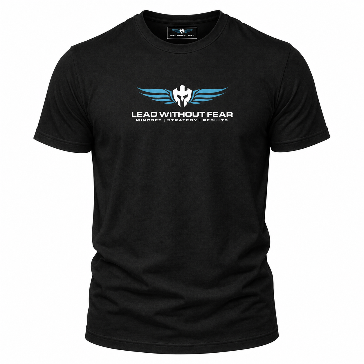 A black short-sleeve crewneck t-shirt featuring a blue and white winged Spartan helmet logo with the text 'LEAD WITHOUT FEAR' and 'MINDSET STRATEGY RESCUE' printed on the chest, shown against a plain white background.