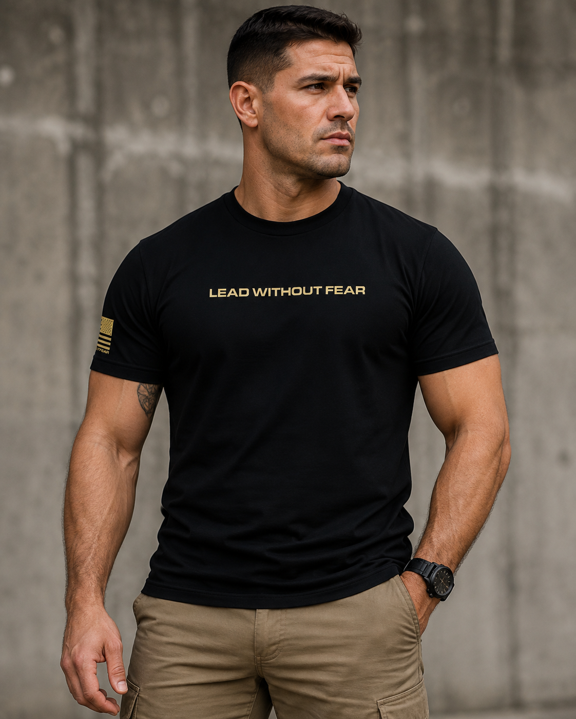A muscular man wearing a black short-sleeve t-shirt with 'LEAD WITHOUT FEAR' printed in gold across the chest, paired with khaki cargo pants, standing against a concrete wall.